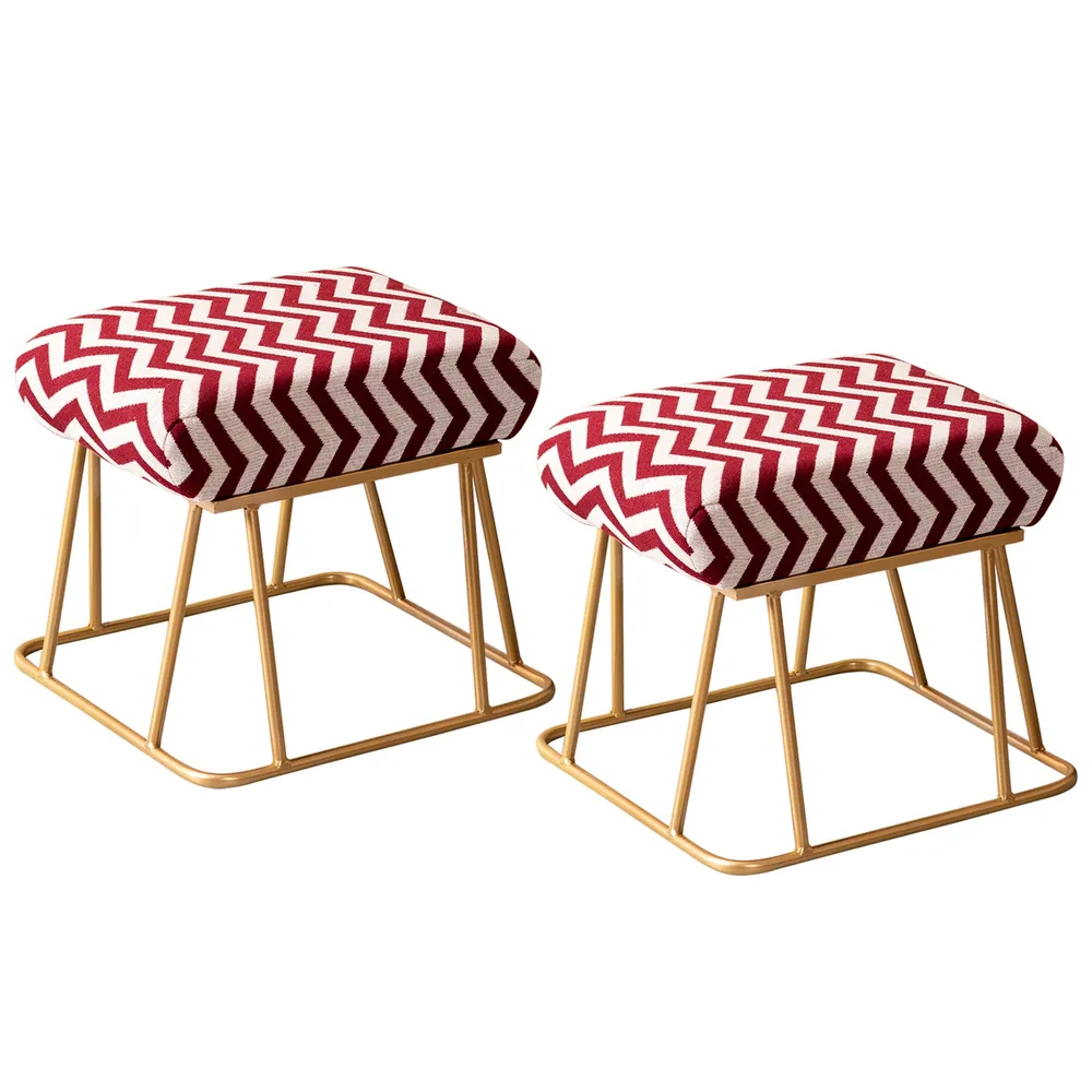 Vibrant Red & White Zig Zag Print Woven Metal Ottoman Stool