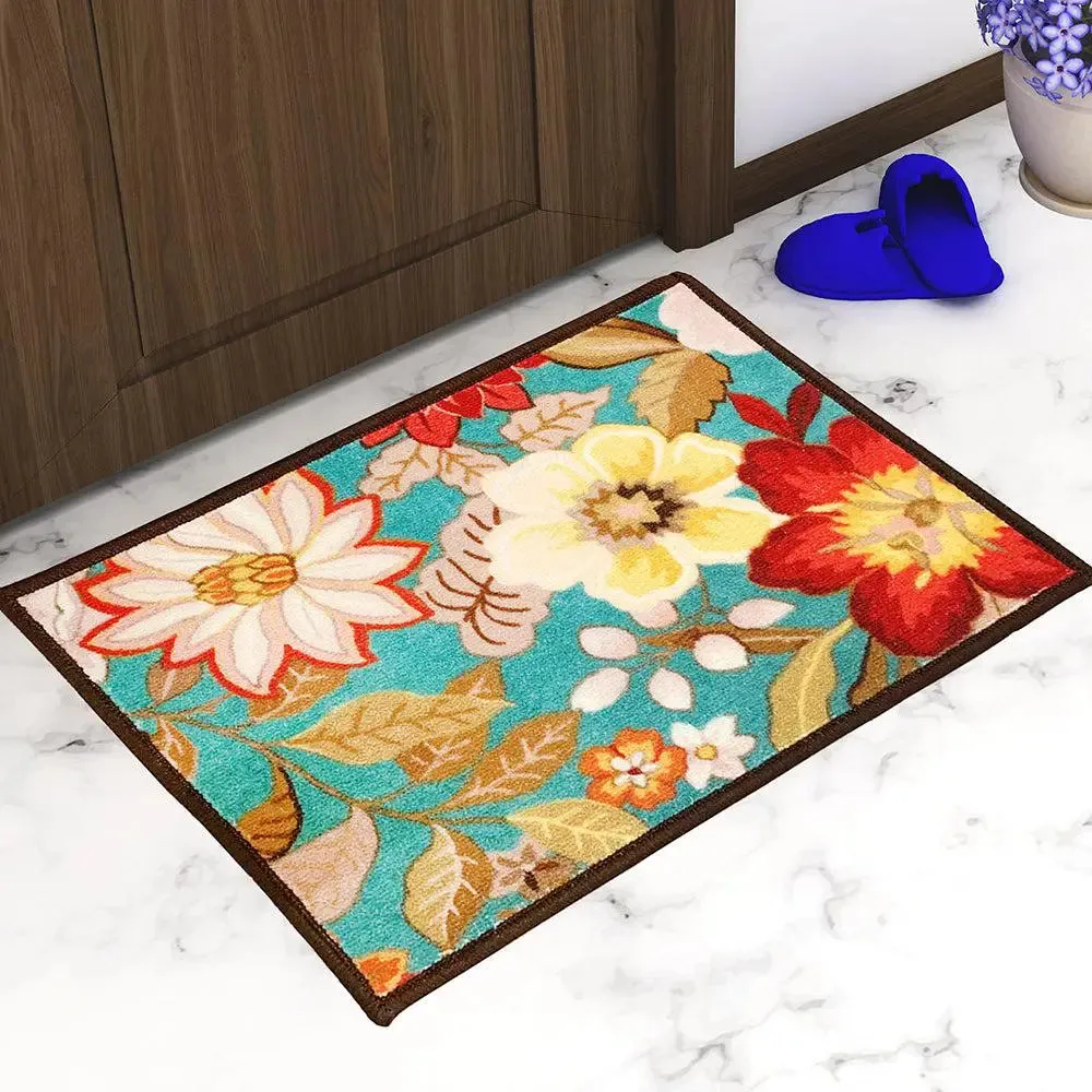 Vibrant Turquoise Floral Printed Premium Doormat (14 X 22 )Inches