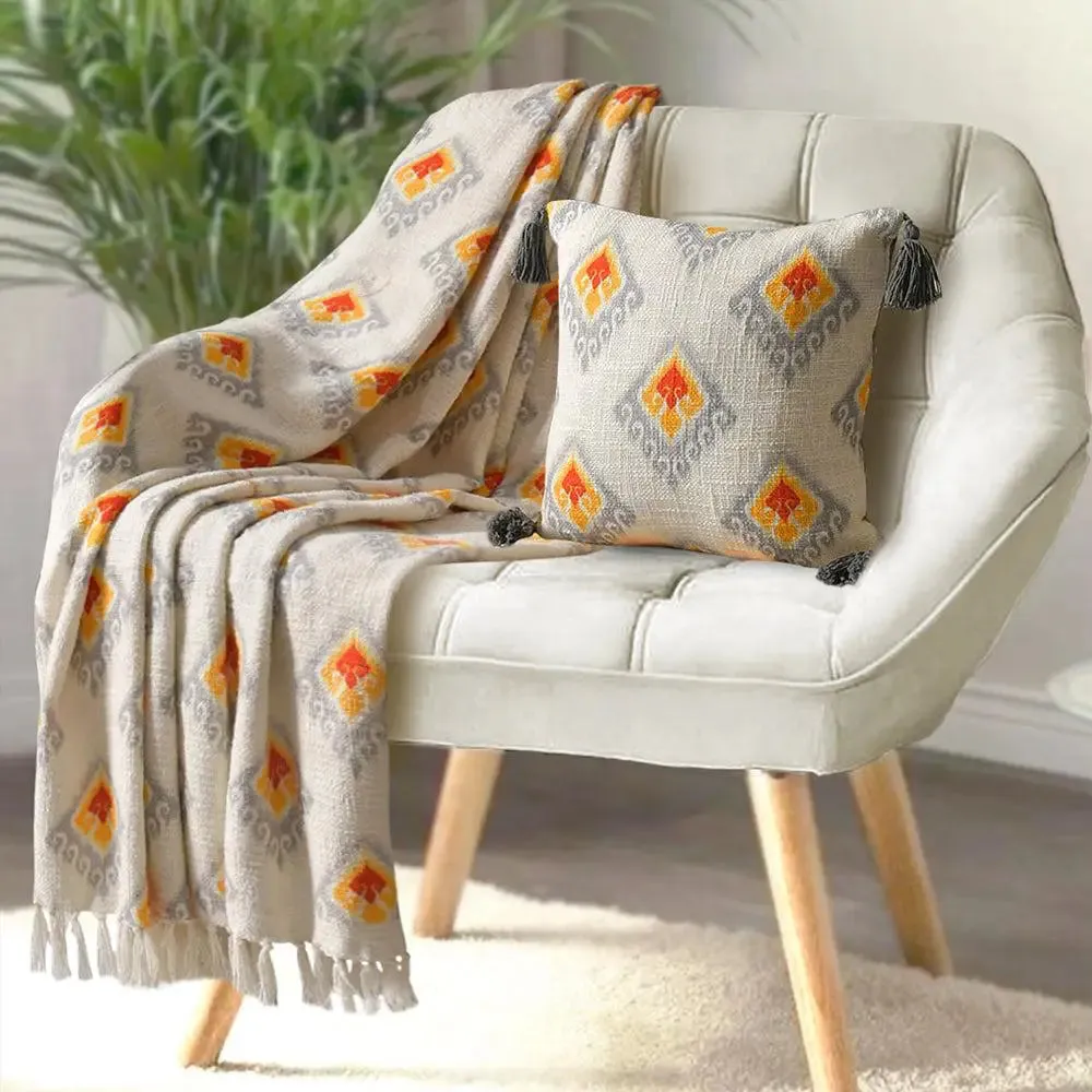 Vibrant Yellow & Orange Tasseled Cotton Throw