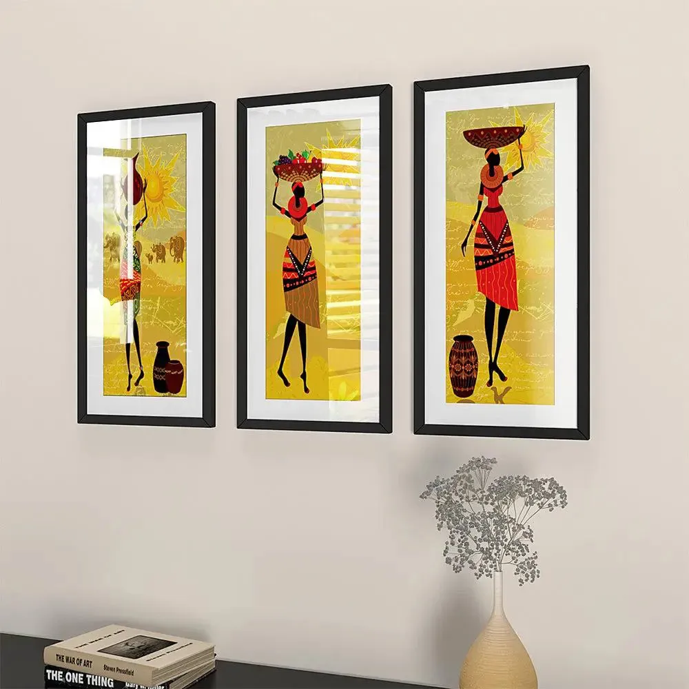 Village Women Framed Wall Paintings Set of 3 with Break Resistant Clear Acrylic Glass