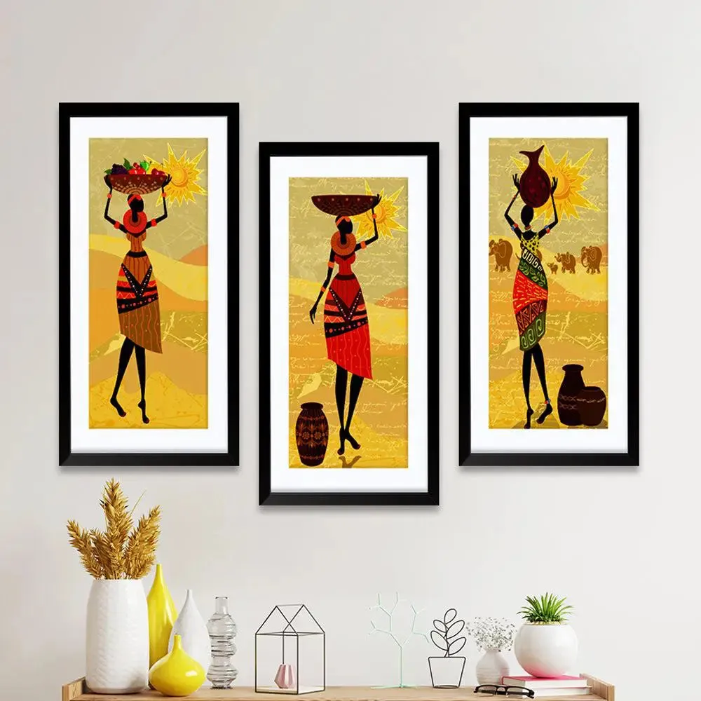 Village Women Framed Wall Paintings Set of 3 with Break Resistant Clear Acrylic Glass