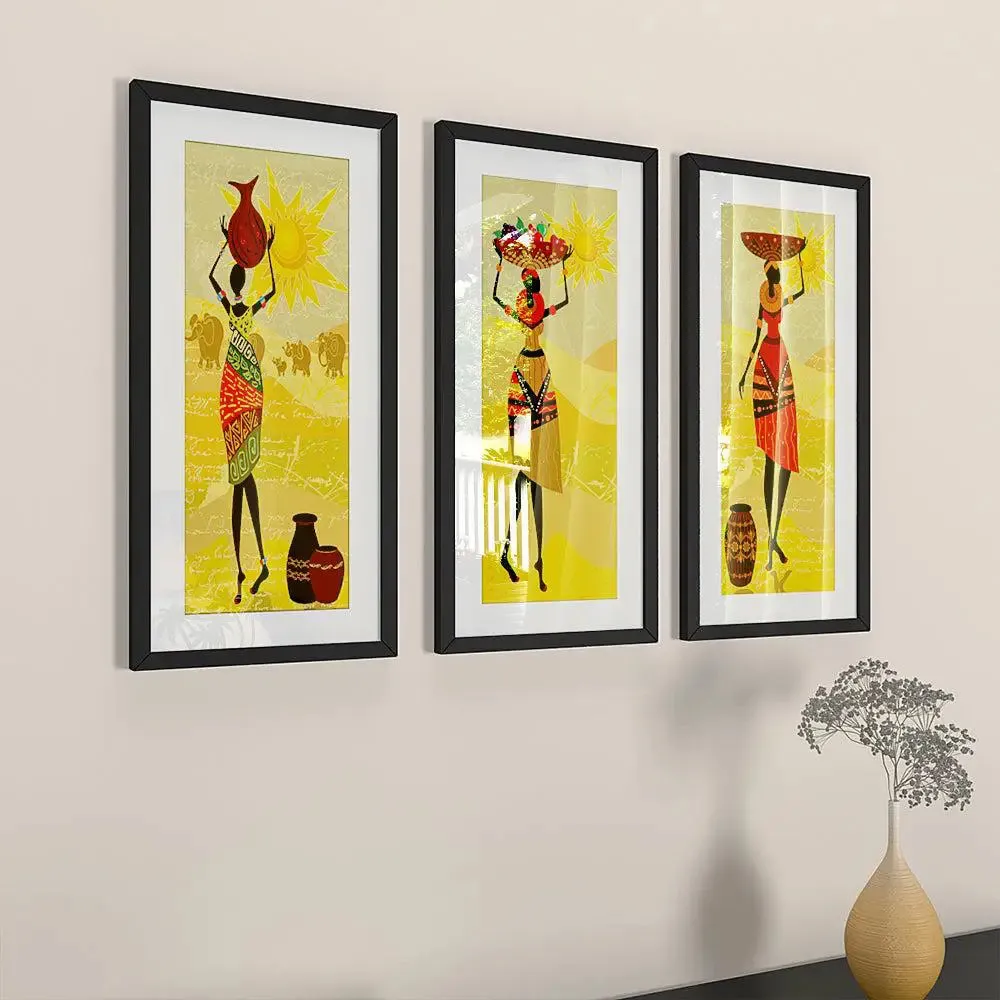 Village Women Framed Wall Paintings Set of 3 with Break Resistant Clear Acrylic Glass