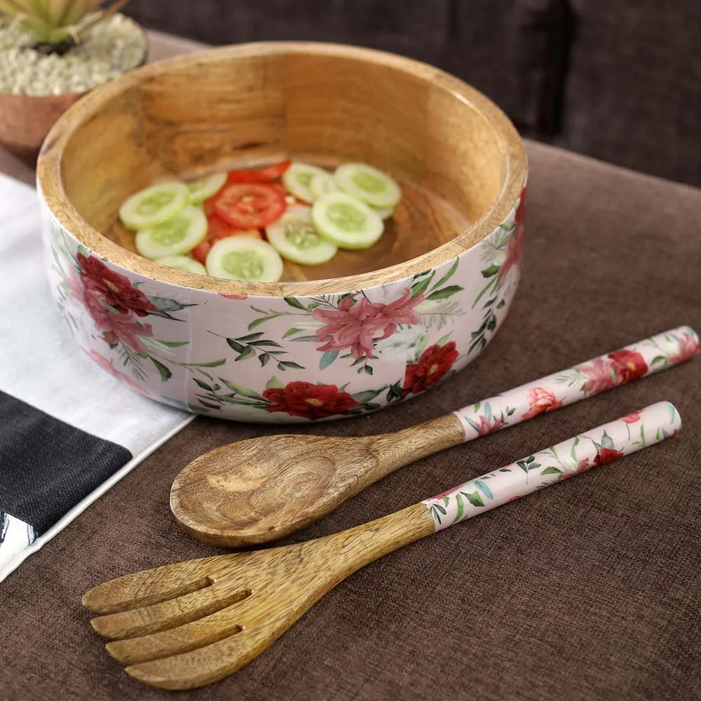 Vintage Floral High Quality Mango Wooden Bowl with Servers Set