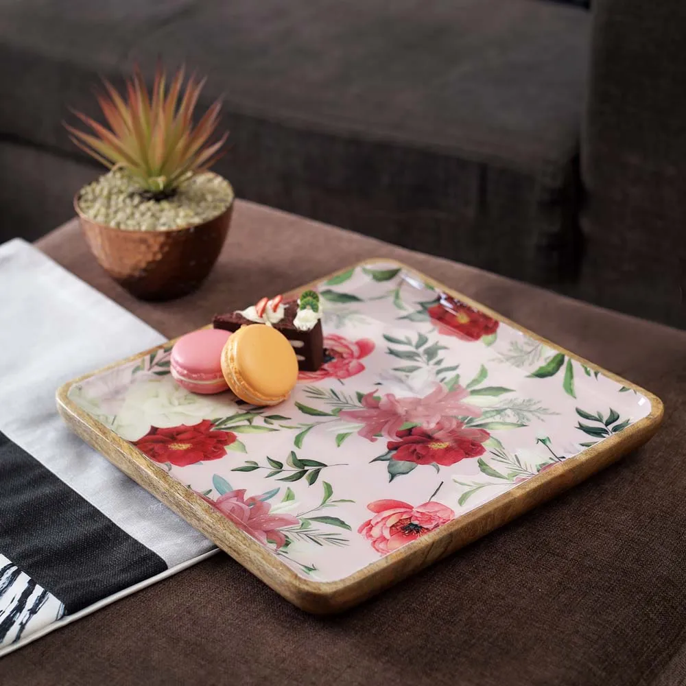 Vintage Floral High Quality Square Mango Wooden Serving Platter