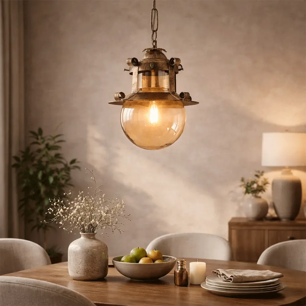 WallMantra Vintage Lantern Hanging Light – Rustic Antique Metal & Glass Designer Ceiling Light 