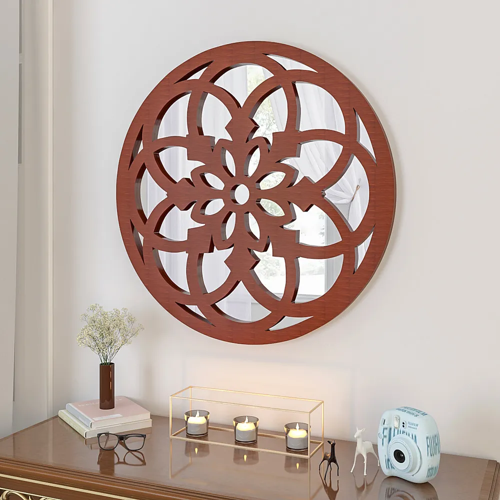 Vintage Mandala Design Wooden Decorative Wall Mirror (Available in Multiple Finishes) Brown