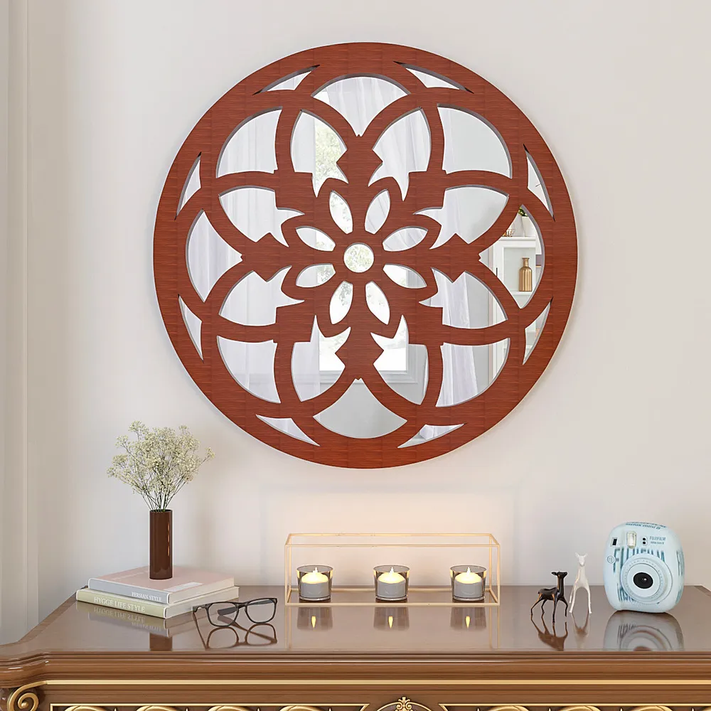 Vintage Mandala Design Wooden Decorative Wall Mirror (Available in Multiple Finishes) Brown
