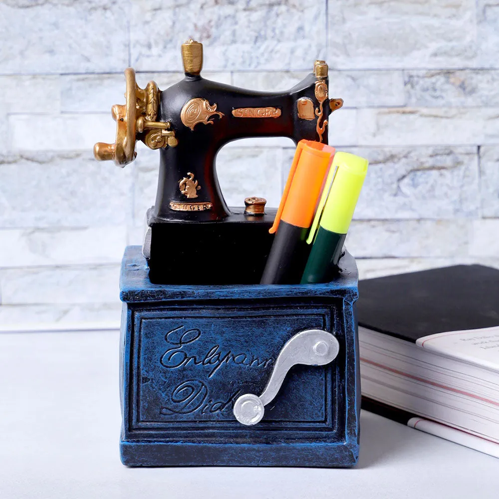 Vintage Motif Blue Sewing Machine Organizer Cum Table Accent
