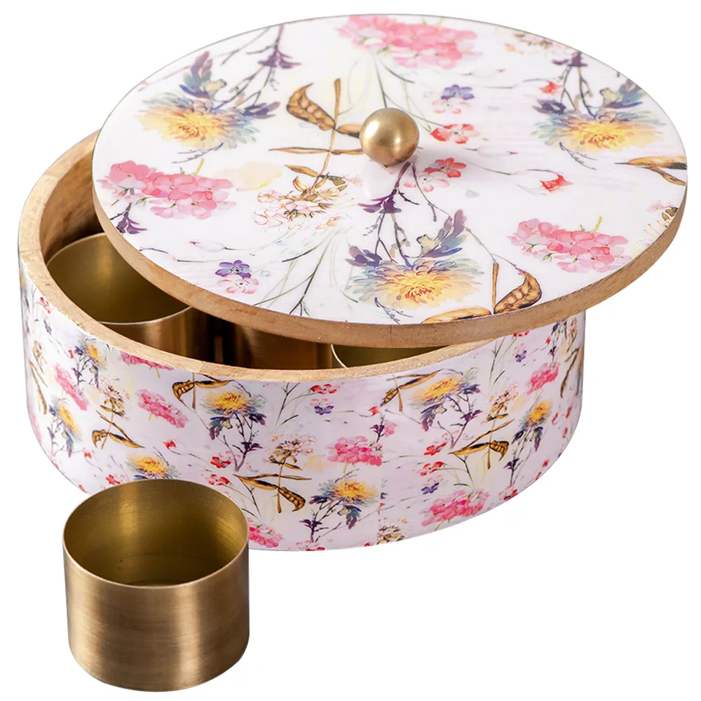 Vintage Patterned Wood & Stainless Steel Jars Masala/ Spice Box