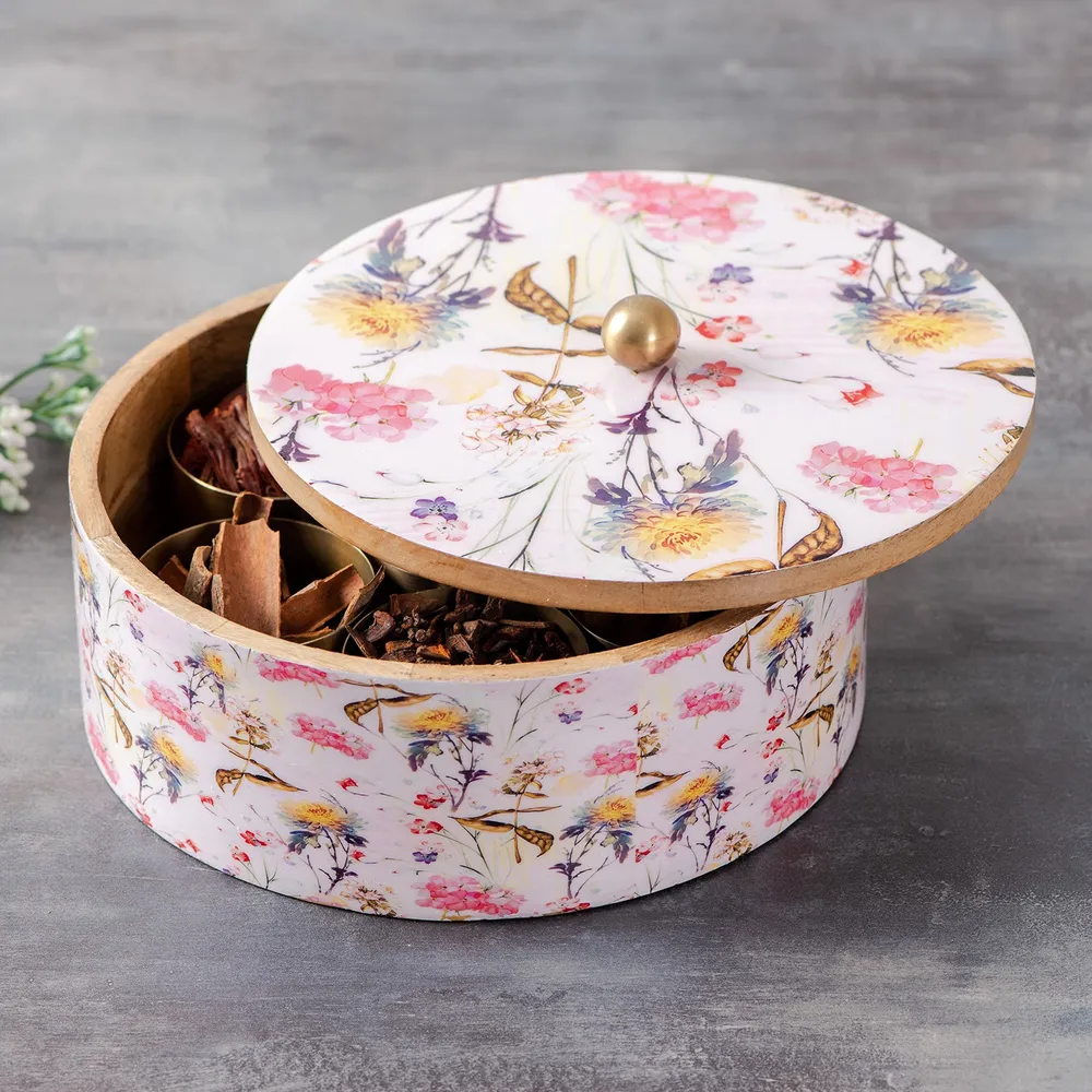 Vintage Patterned Wood & Stainless Steel Jars Masala/ Spice Box