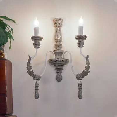 Vintage Provincial Style Distressed Grey Rustic Wood 2 Lights Wall Sconce