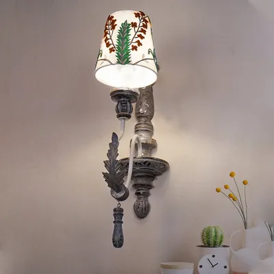 Vintage Provincial Style Distressed Rustic Grey White Embroidered Steel, Fabric 1 Light Wall Sconce