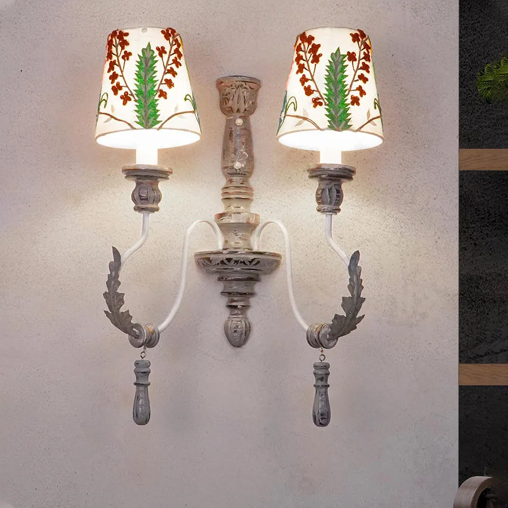 Vintage Provincial Style Distressed Rustic Grey White Embroidered Wood 2 Lights Wall Sconce