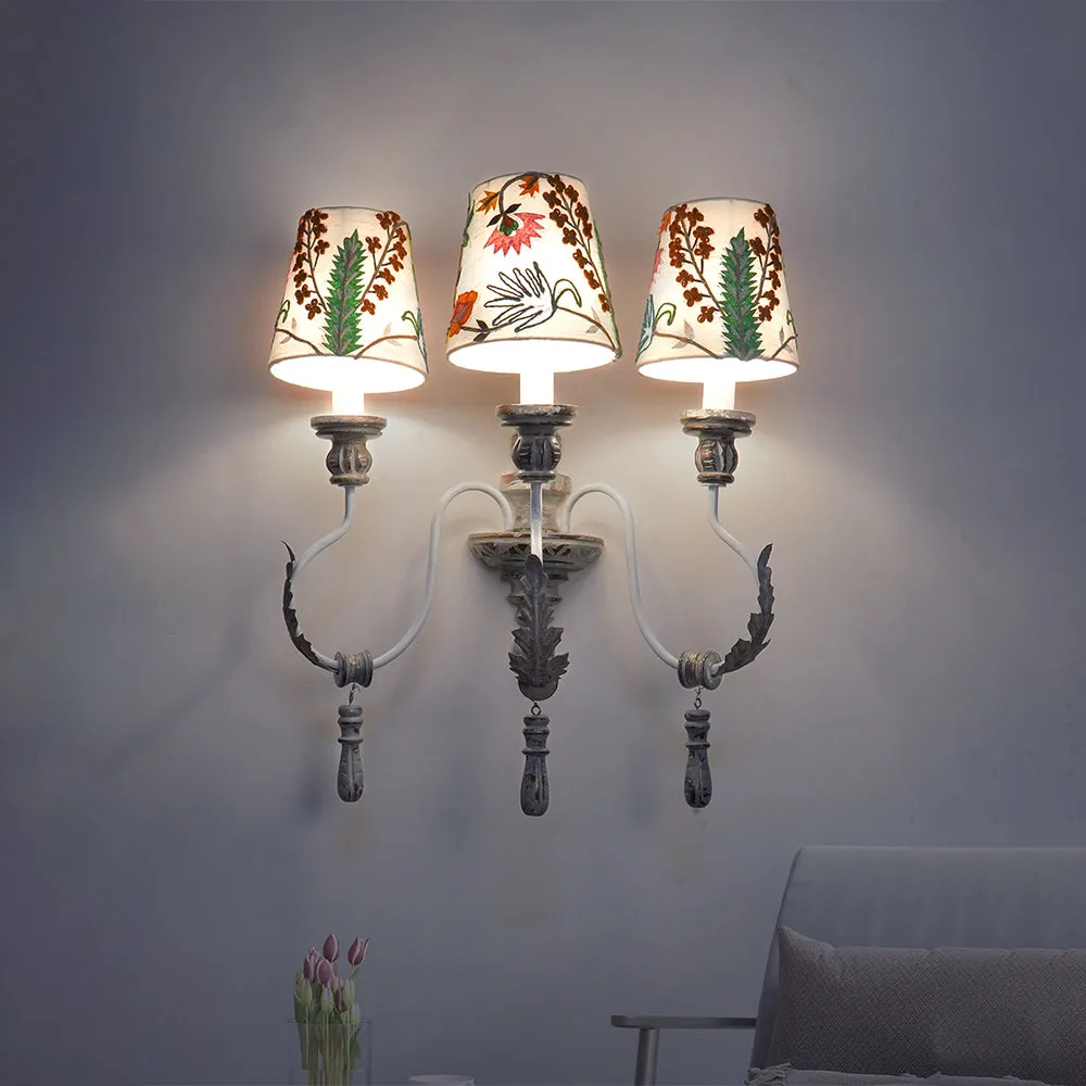 Vintage Provincial Style Distressed Rustic Grey White Embroidered Wood 3 Lights Wall Sconce