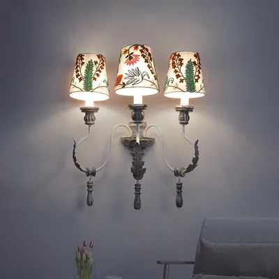 Vintage Provincial Style Distressed Rustic Grey White Embroidered Wood 3 Lights Wall Sconce