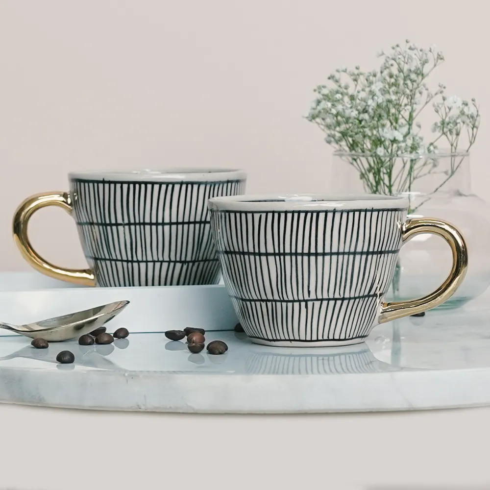 Vintage Striped Ceramic Tea Cups With Gold Handle  Set of 2