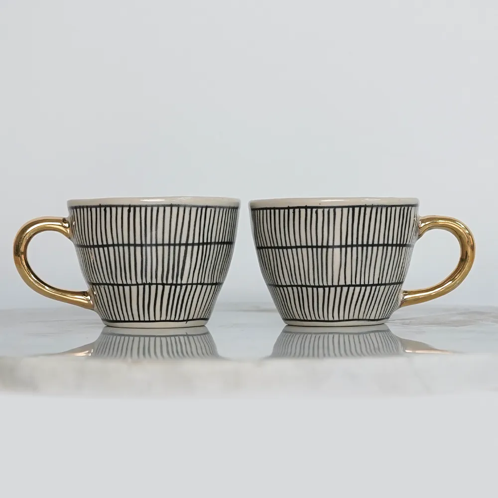 Vintage Striped Ceramic Tea Cups With Gold Handle  Set of 2