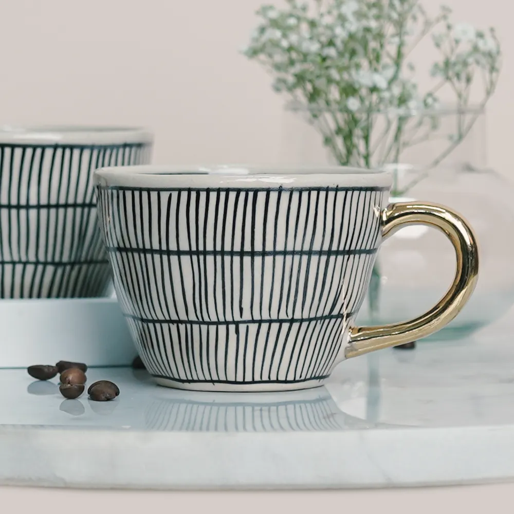 Vintage Striped Ceramic Tea Cups With Gold Handle  Set of 2