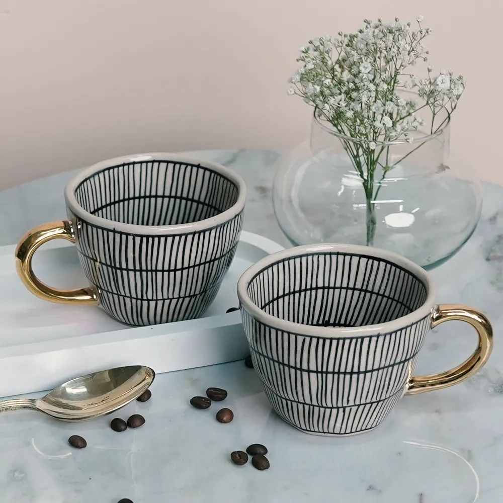 Vintage Striped Ceramic Tea Cups With Gold Handle  Set of 2