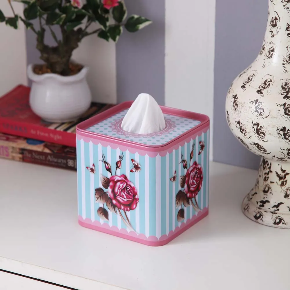 Vintage Vibes Rose Printed Striped Tissue Box