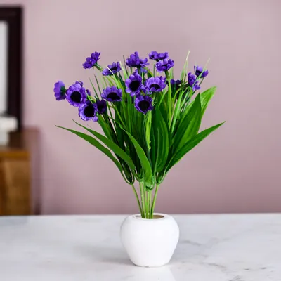 Violet Goldstrum Artificial Flower Bunch With Pot