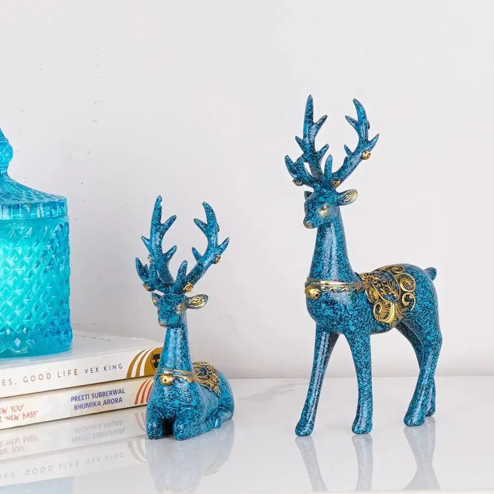 Voguish Blue Swamp Deer Figurine with Golden Accents (Set of 2)