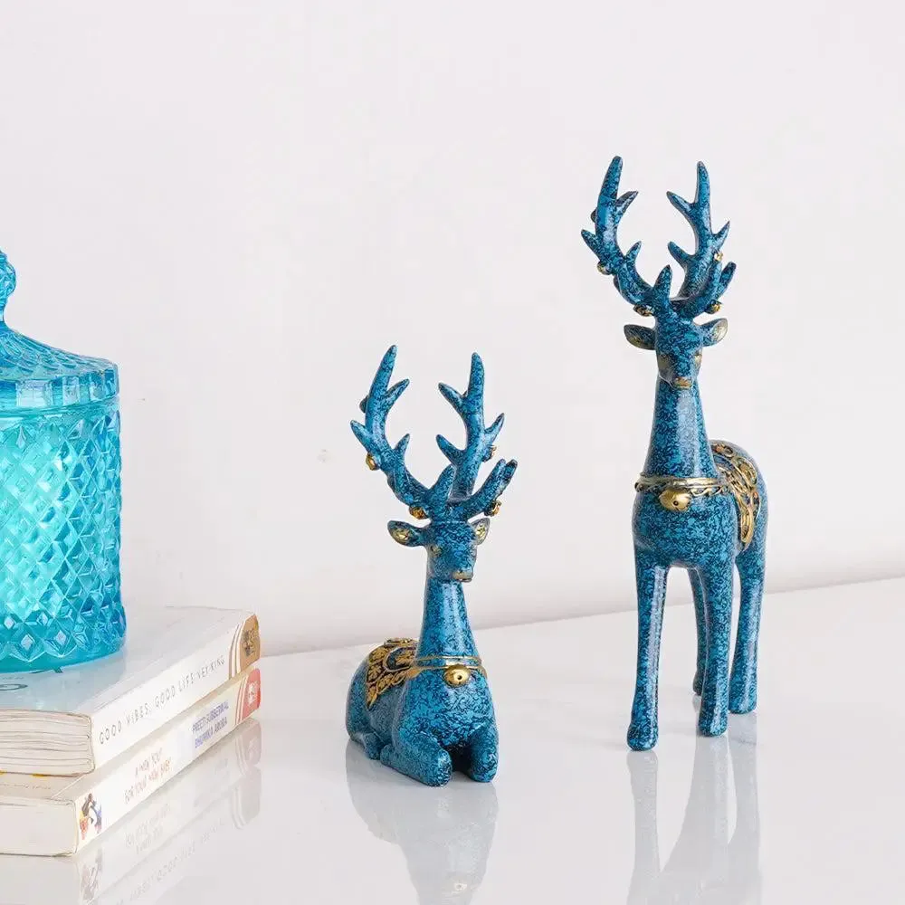 Voguish Blue Swamp Deer Figurine with Golden Accents (Set of 2)