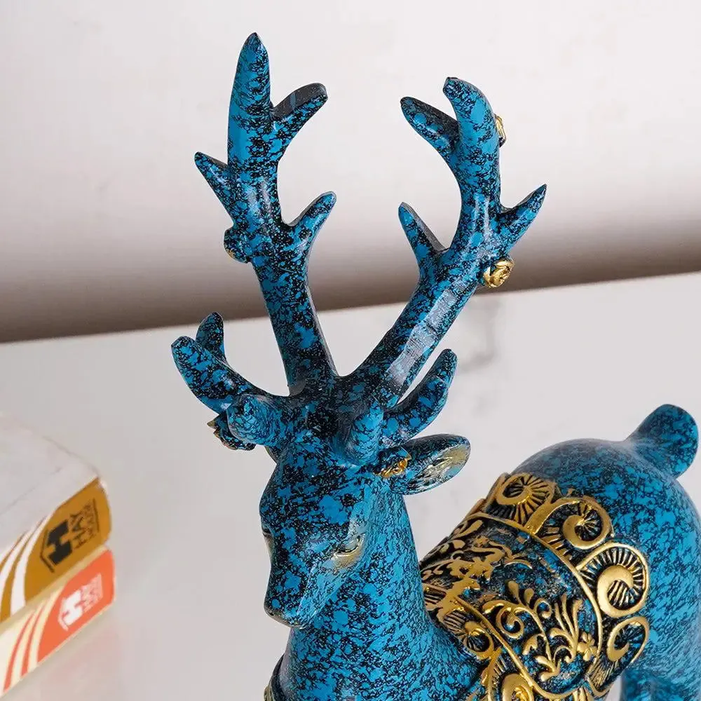 Voguish Blue Swamp Deer Figurine with Golden Accents (Set of 2)