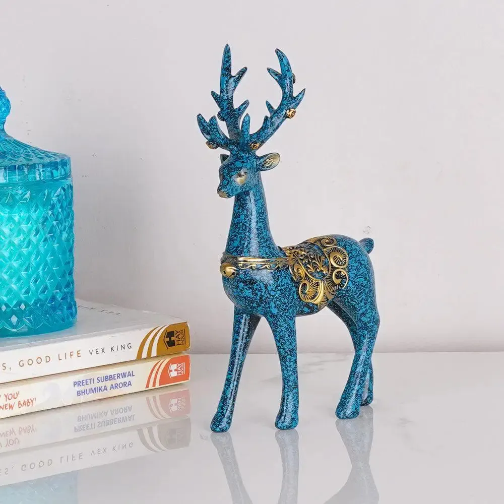 Voguish Blue Swamp Deer Figurine with Golden Accents (Set of 2)