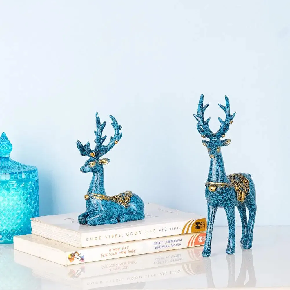 Voguish Blue Swamp Deer Figurine with Golden Accents (Set of 2)