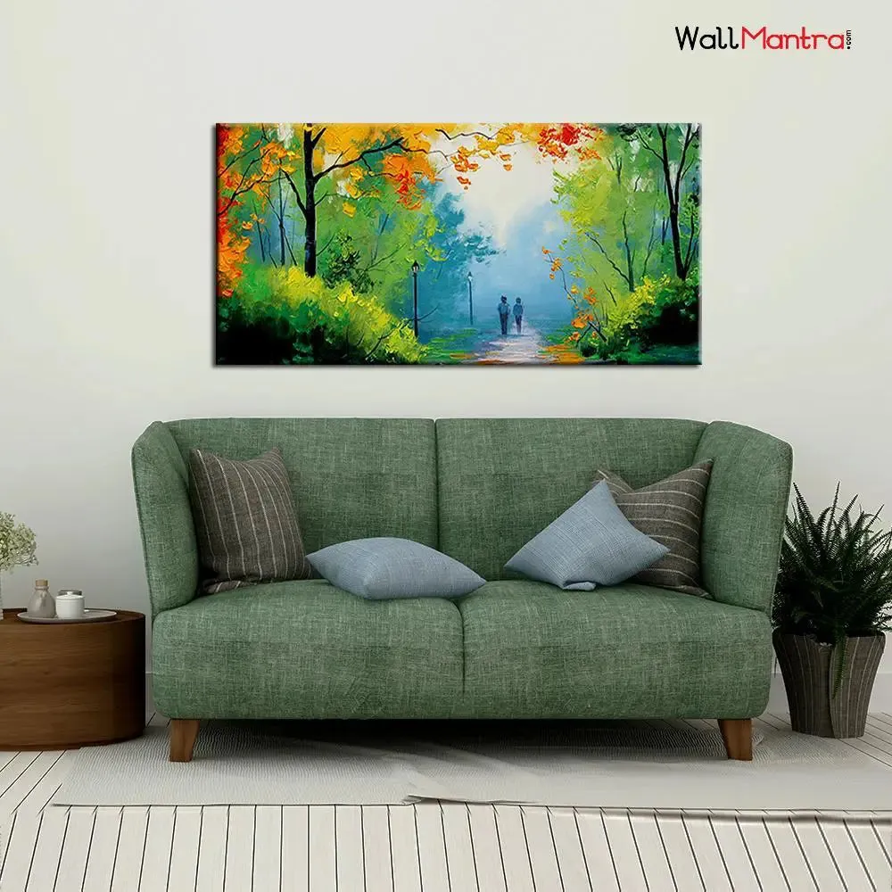 Walk in The Park Relaxing Big Panoramic Canvas  Wall Painting With Frame