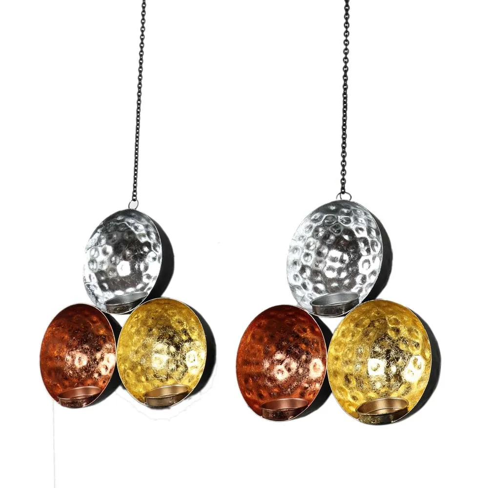 Wall Hanging Hammered Metal Triple Tealight Holder Set of 2