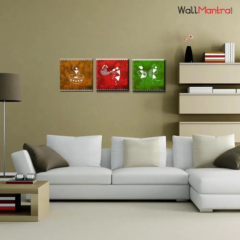 Warli Folk Art Painting Wall Hanging, Set of 3 Pieces