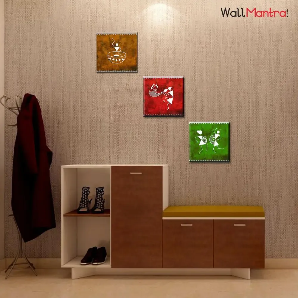 Warli Folk Art Painting Wall Hanging, Set of 3 Pieces