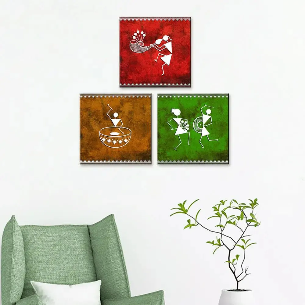 Warli Folk Art Painting Wall Hanging, Set of 3 Pieces