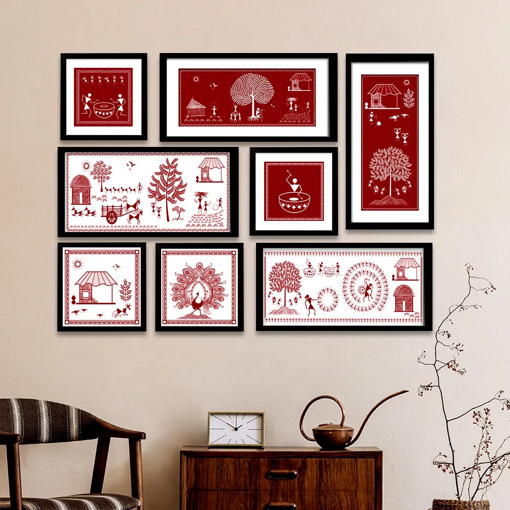 Warli Red Art Frames Set Of 8