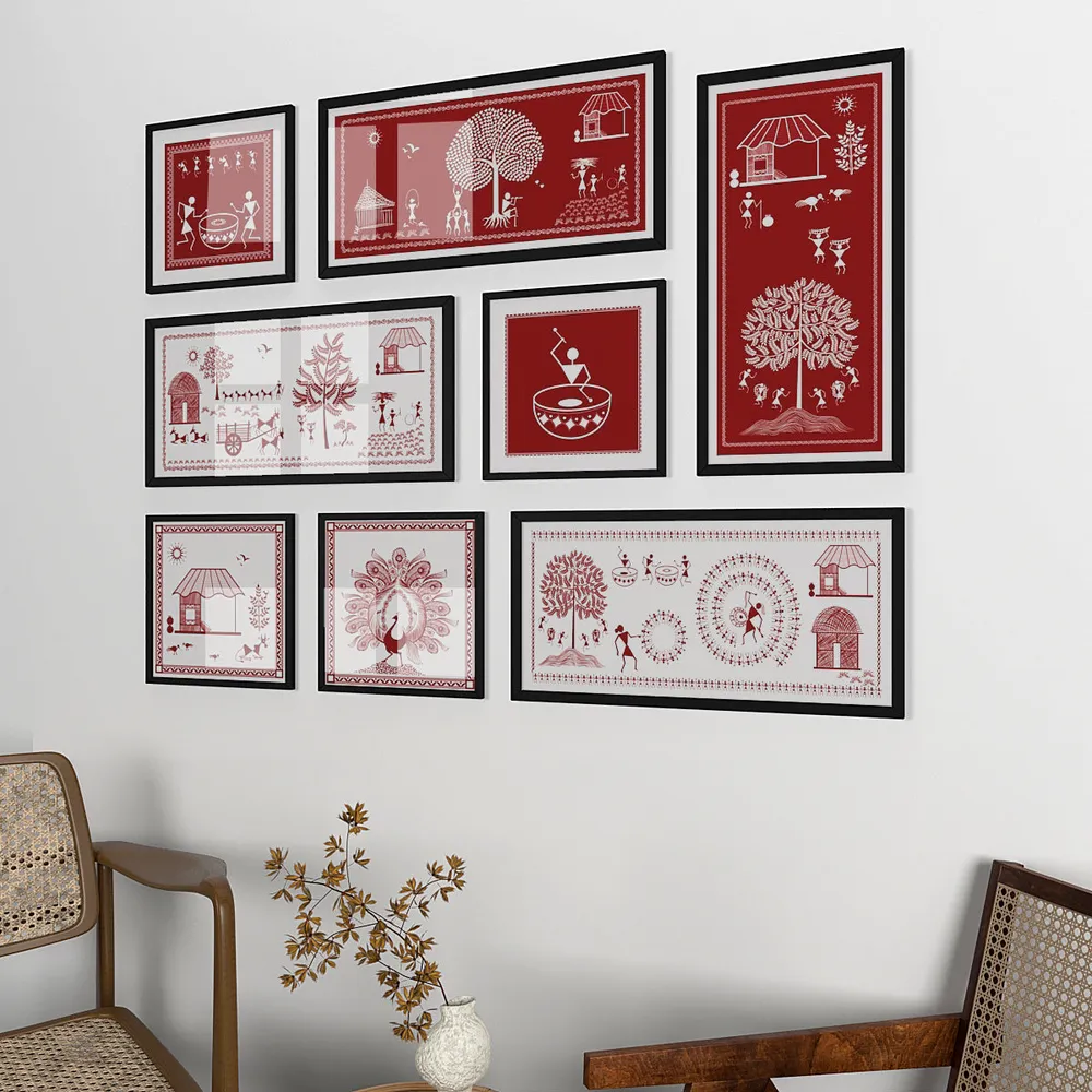 Warli Red Art Frames Set Of 8