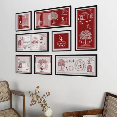 Warli Red Art Frames Set Of 8