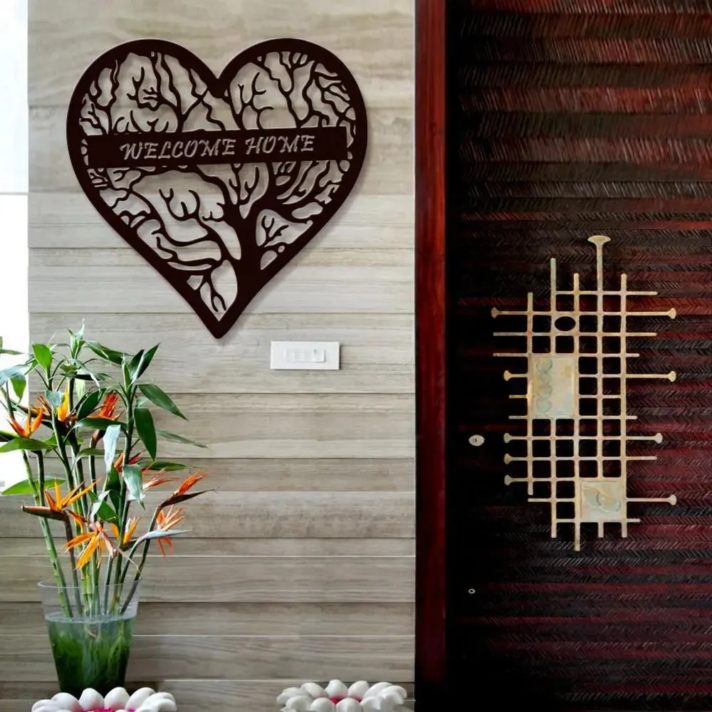 Welcome Home With Heart Shape Design Wooden Wall Hanging, Wooden Wall Decoration Medium(15 inch X 15 inch)