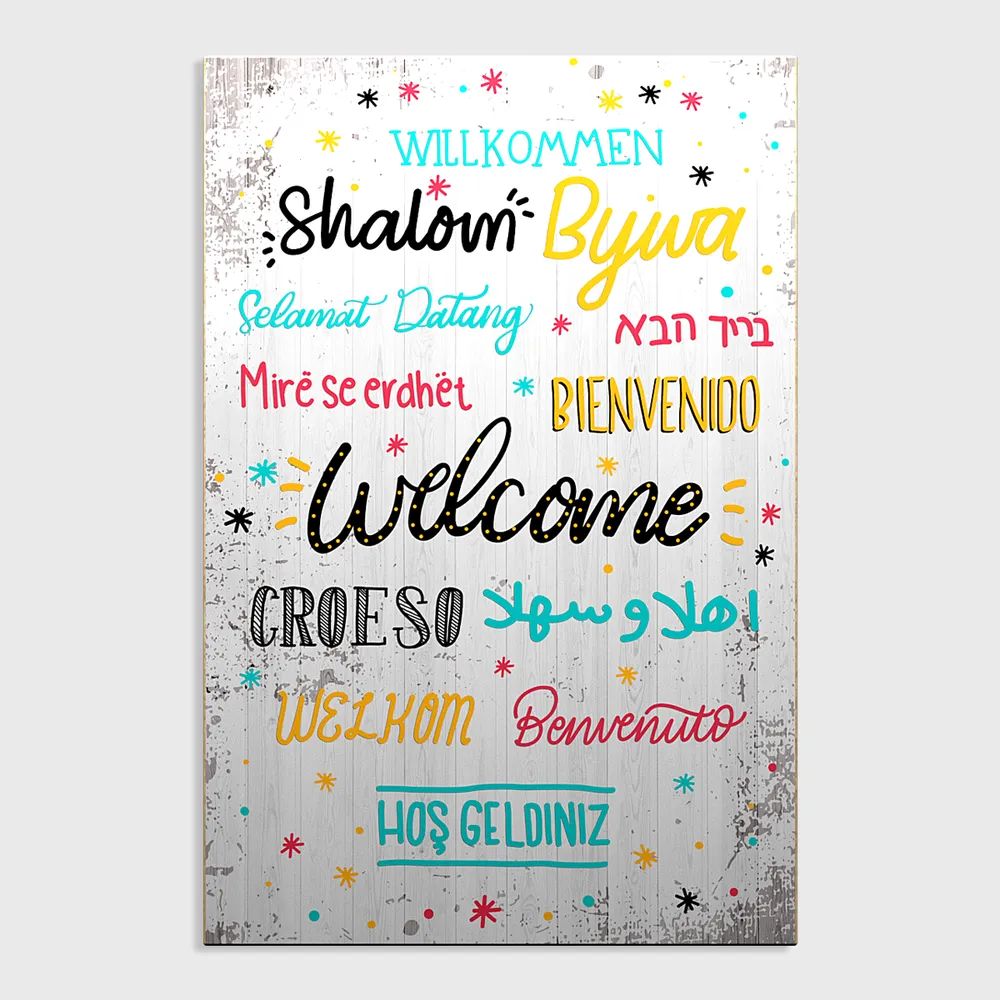 Welcome In Different Languages Funky Wooden Sign