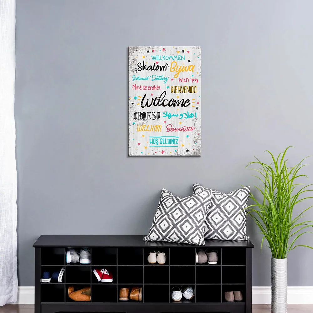 Welcome In Different Languages Funky Wooden Sign