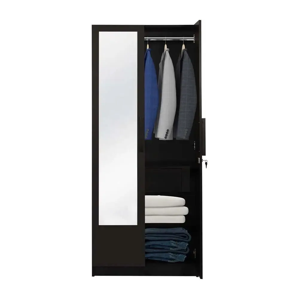 Wenge Engineered Wood 2 Door Wardrobe With Drawers & Mirror