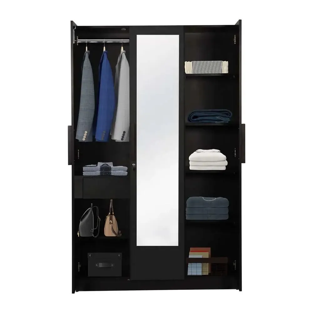 Wenge Engineered Wood 3 Door Wardrobe With Drawers & Mirror