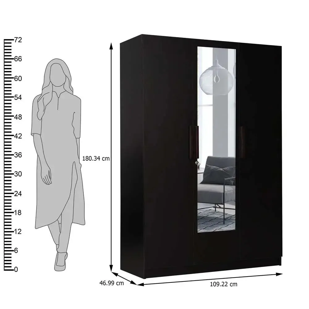 Wenge Engineered Wood 3 Door Wardrobe With Mirror