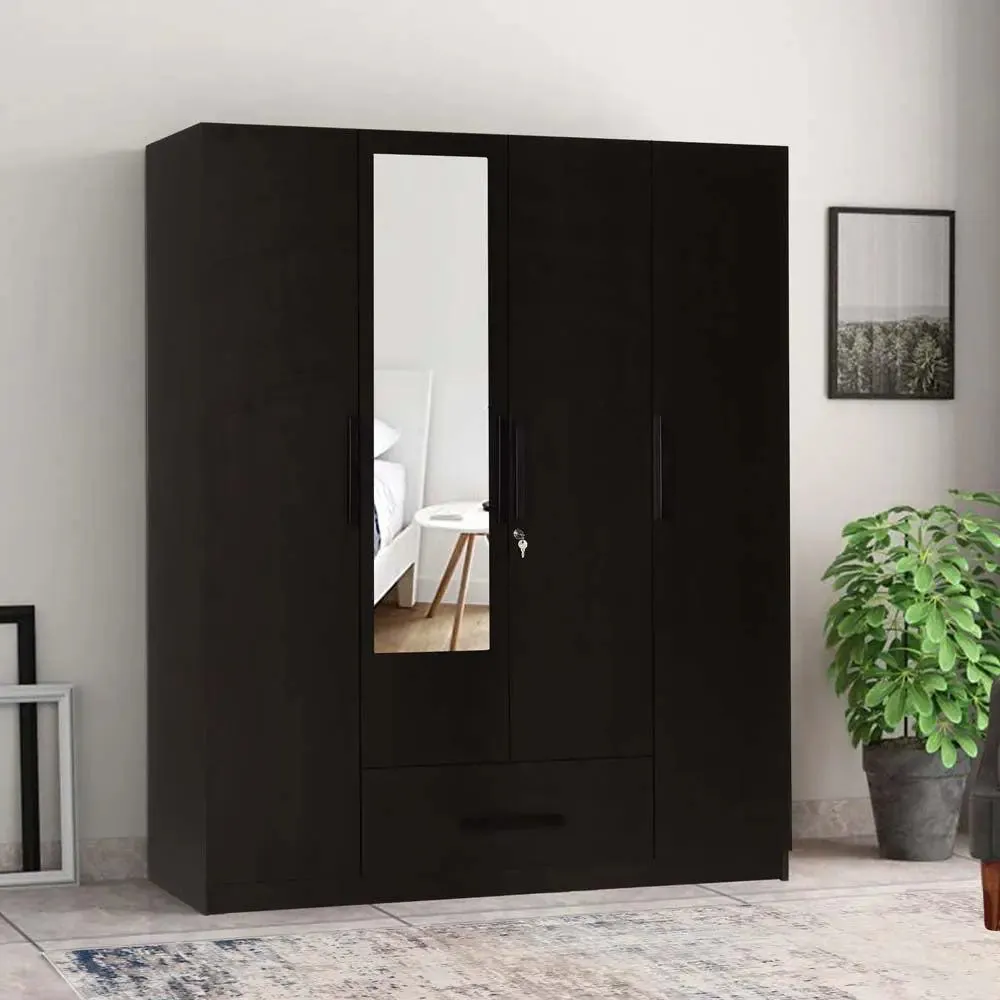 Wenge Engineered Wood 4 Door Wardrobe With Drawer & Mirror