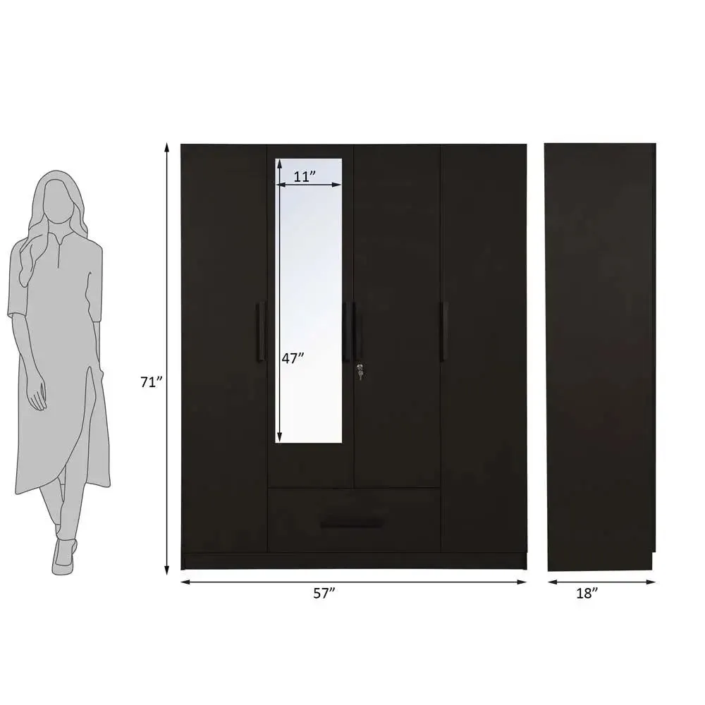 Wenge Engineered Wood 4 Door Wardrobe With Drawer & Mirror