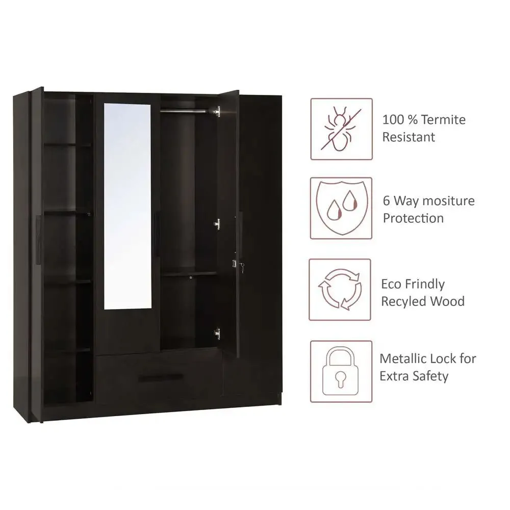 Wenge Engineered Wood 4 Door Wardrobe With Drawer & Mirror