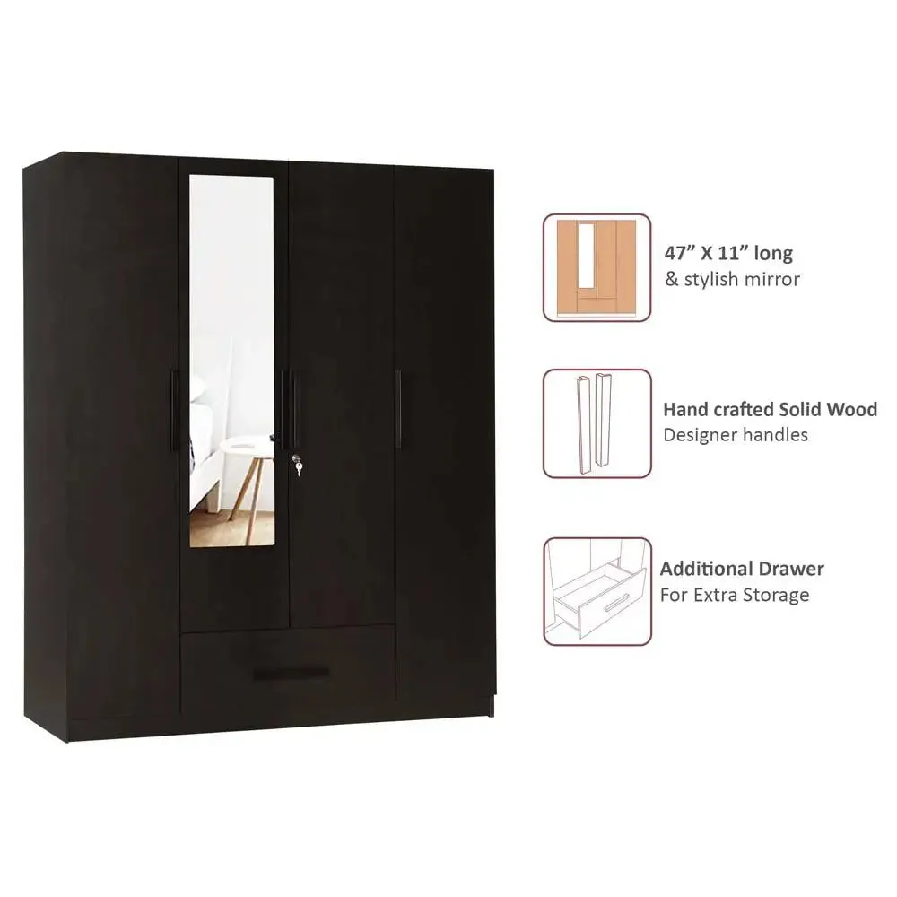 Wenge Engineered Wood 4 Door Wardrobe With Drawer & Mirror