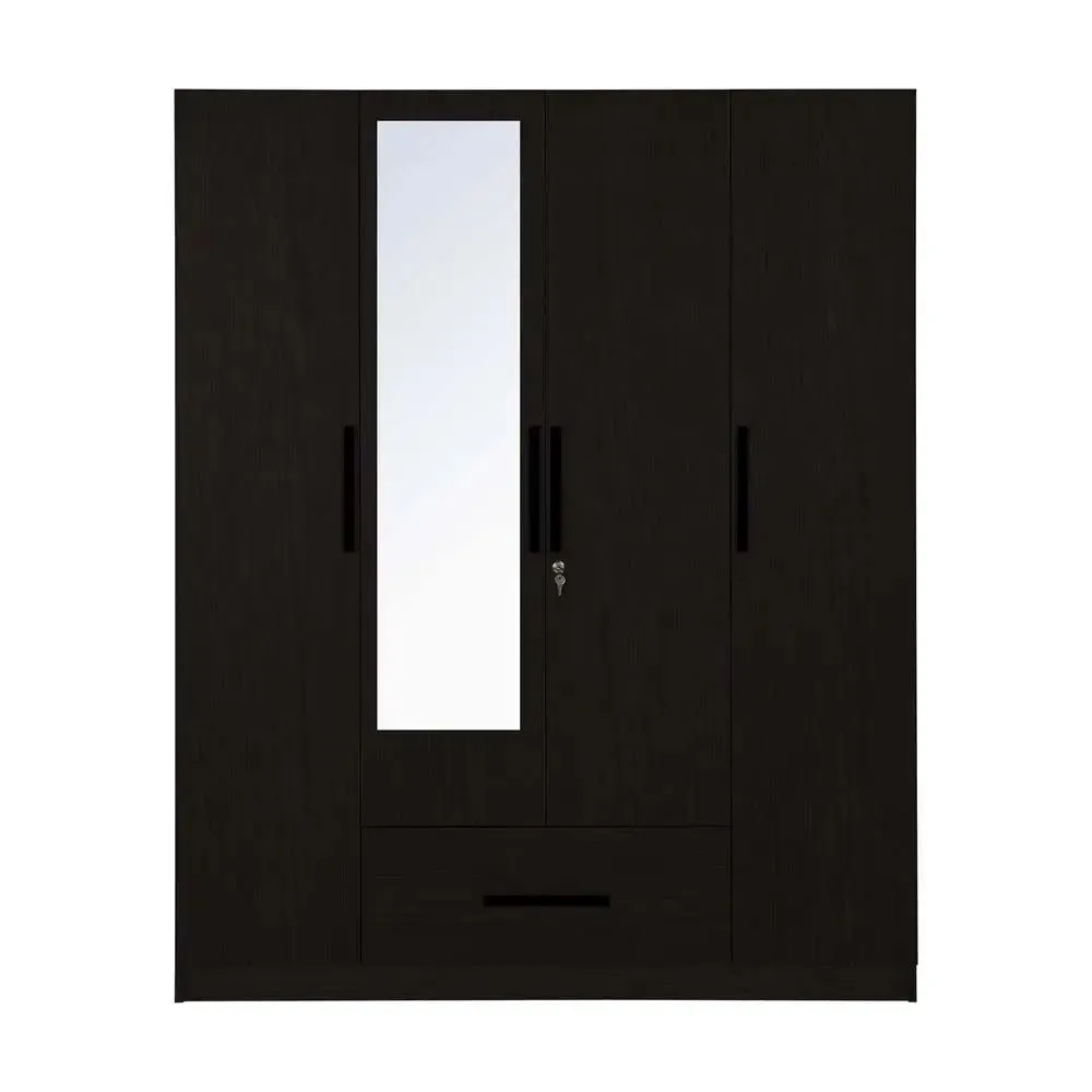 Wenge Engineered Wood 4 Door Wardrobe With Drawer & Mirror