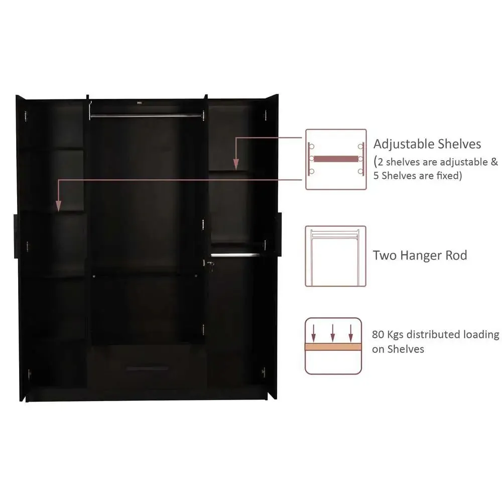 Wenge Engineered Wood 4 Door Wardrobe With Drawer & Mirror